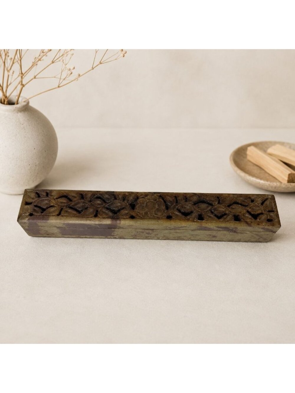 Carved Soapstone Incense Holder Floral Box Burner Stick Ash Catch Meditation
